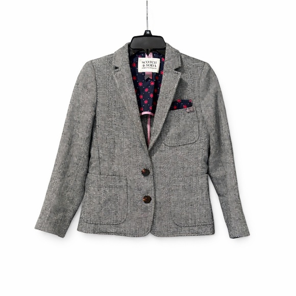 Scotch & Soda Other - Scotch & Soda Girls Sz 14 Wool Blend Herringbone Tweed Blazer Jacket Pink Floral